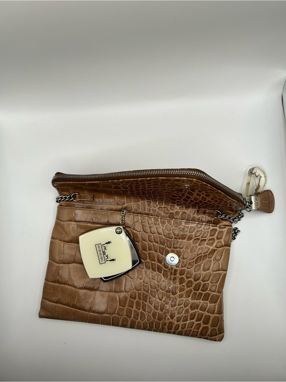 henri bendel Brown Croc-Embossed Clutch with Silver Chain - Picture 3 of 13